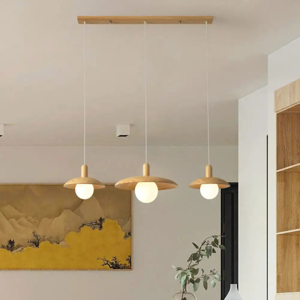 Minimalist Wood Pendant Light with 3 Bulbs for Restaurants Funnel Shade Hanging Fixture Wood / Linear