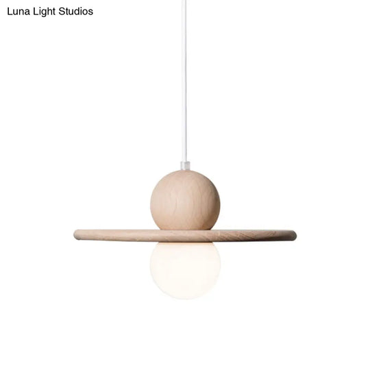 Minimalist Wood Plate Pendant Ceiling Light - Single Head Beige Hanging Lamp For Dining Room