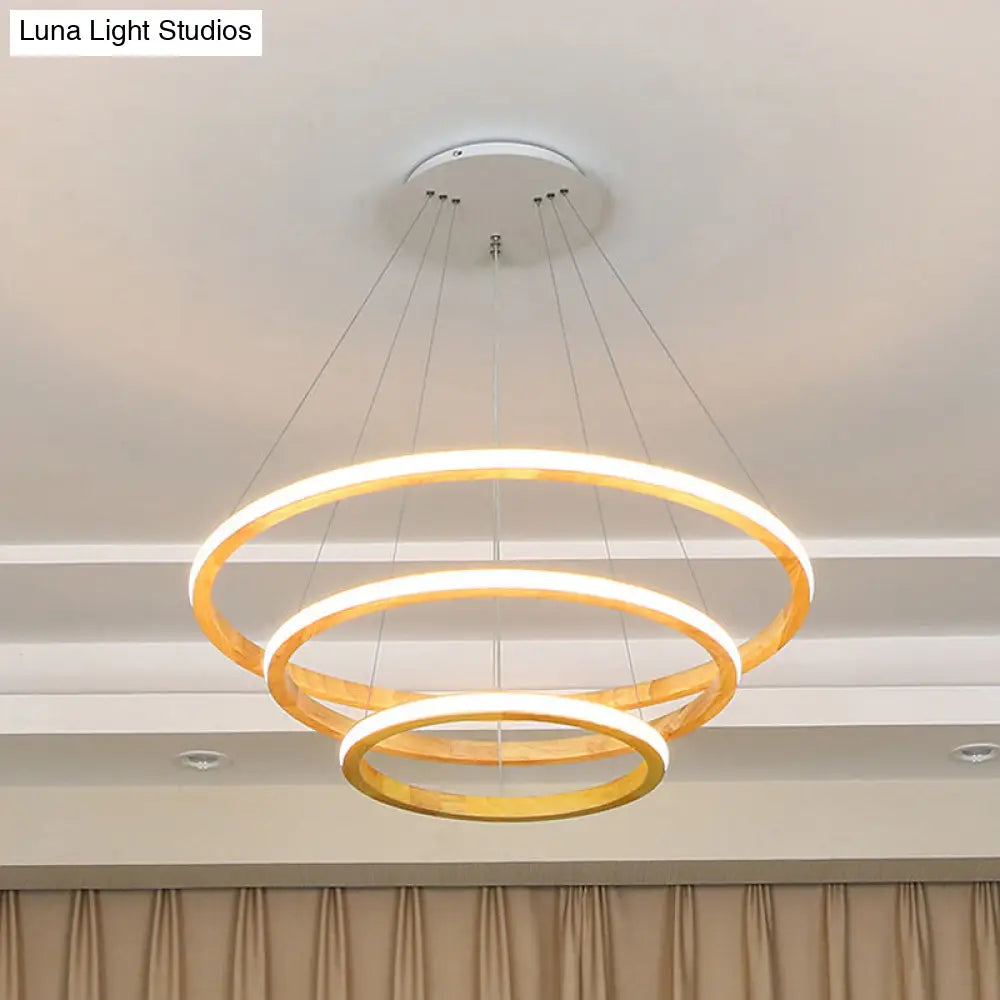 Minimalist Led Wood Rings Chandelier In Beige 21/25 Width