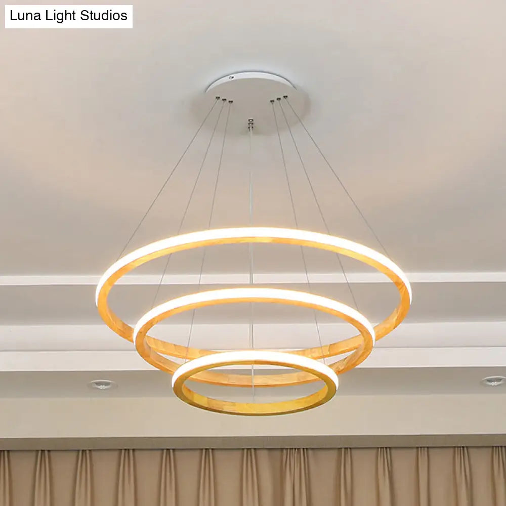 Minimalist Wood Rings Chandelier Pendant Light – Beige Led 21’/25’ Width