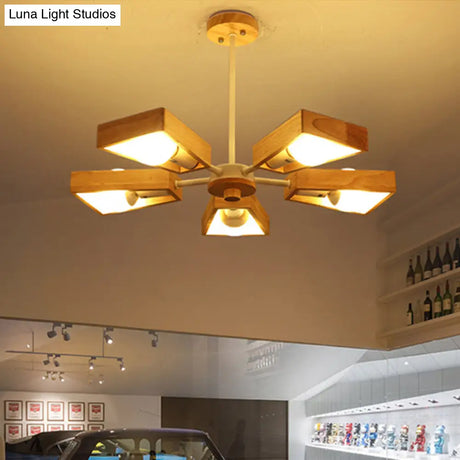 Minimalist Wood Suspension Chandelier For Living Room - Trapezoid Frame Design