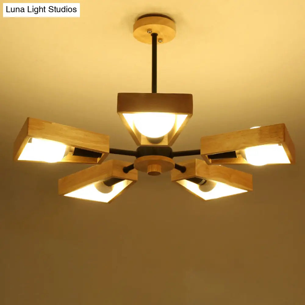 Minimalist Wood Suspension Chandelier For Living Room - Trapezoid Frame Design