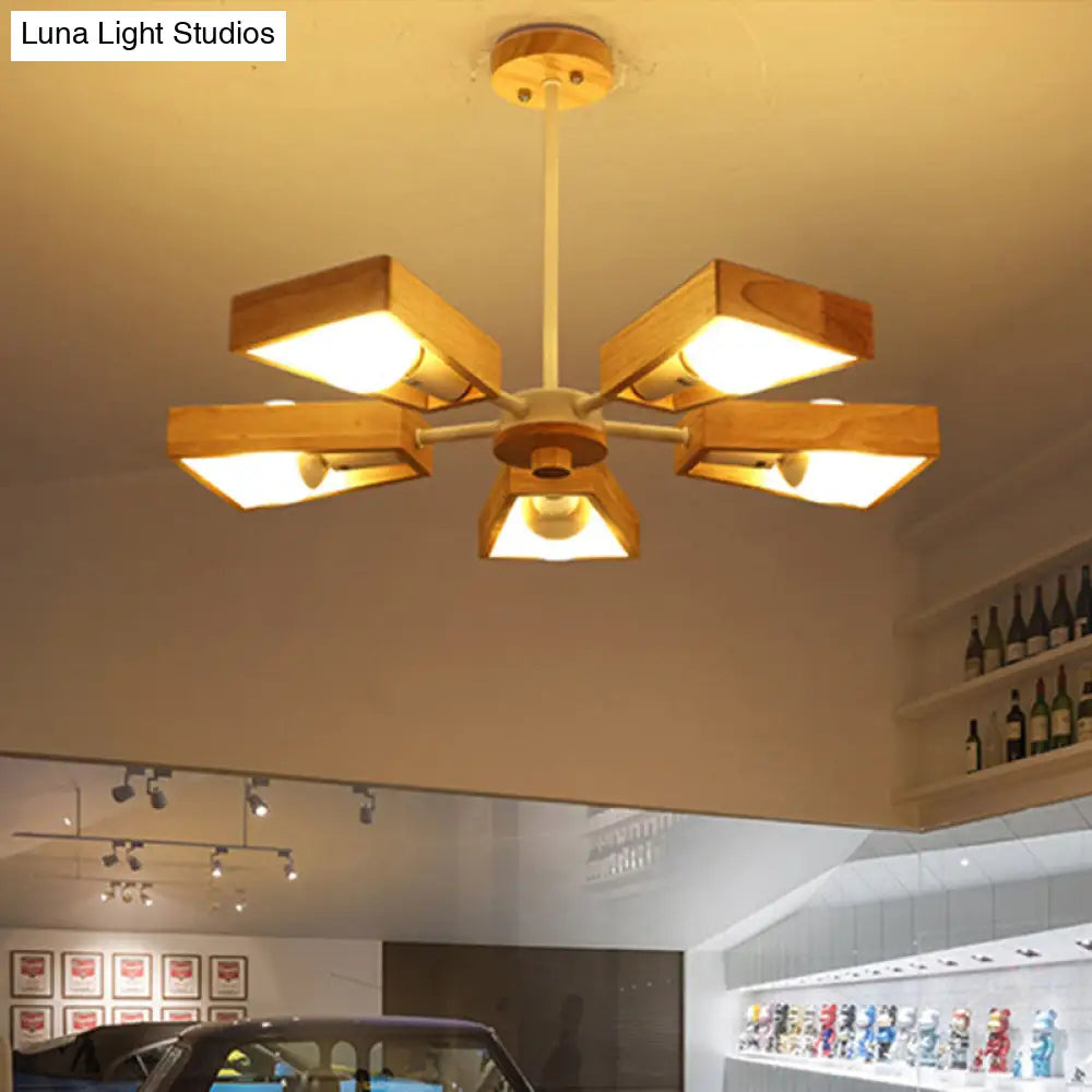 Minimalist Wood Suspension Chandelier For Living Room - Trapezoid Frame Design
