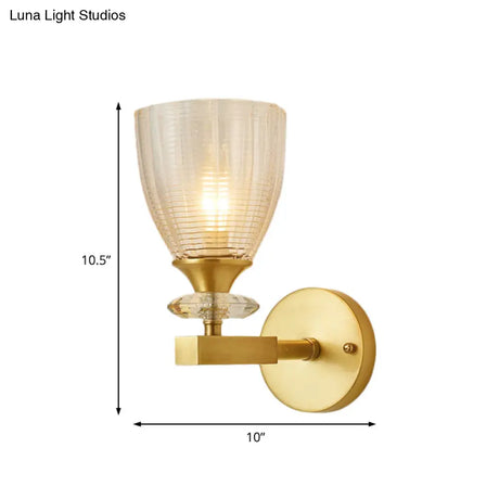 Minimalistic 1-Light Brass Flush Wall Sconce For Bedside - Crystal Tube/Cup/Flat Mounted Lamp