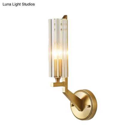 Minimalistic 1-Light Brass Flush Wall Sconce For Bedside - Crystal Tube/Cup/Flat Mounted Lamp