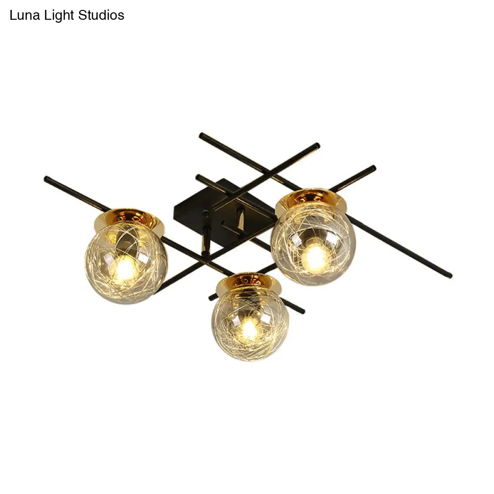 Minimalistic 3 - Head Semi - Flush Ceiling Light With Clear/Smoke Gray Glass For Bedroom