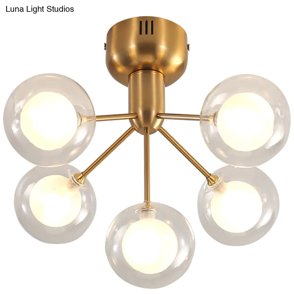 Minimalistic 5 - Head Clear And Frosted Glass Molecule Ceiling Fixture For Corridor Lighting