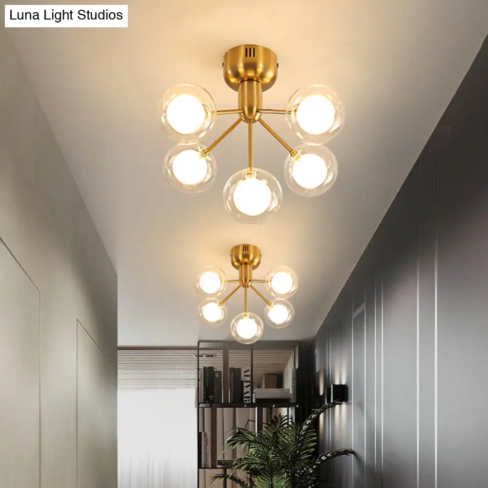 Minimalistic 5 - Head Clear And Frosted Glass Molecule Ceiling Fixture For Corridor Lighting