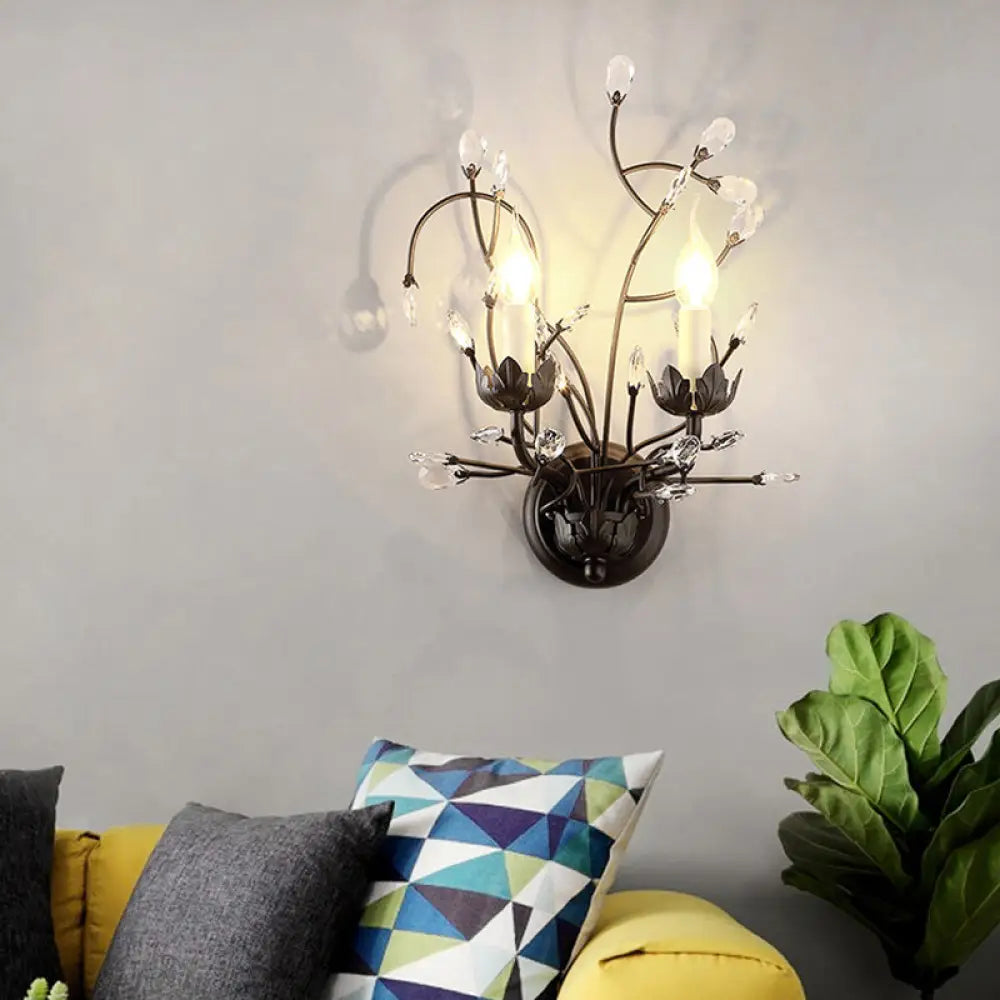 Minimalistic Black Crystal Sconce Lamp With Branching Design - 2-Bulb Candlestick Wall Light Fixture