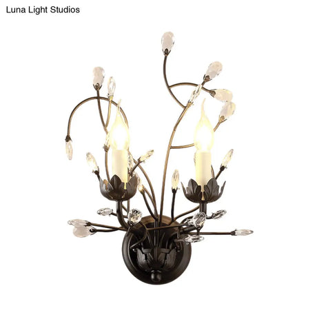 Minimalistic Black Crystal Sconce Lamp With Branching Design - 2-Bulb Candlestick Wall Light Fixture