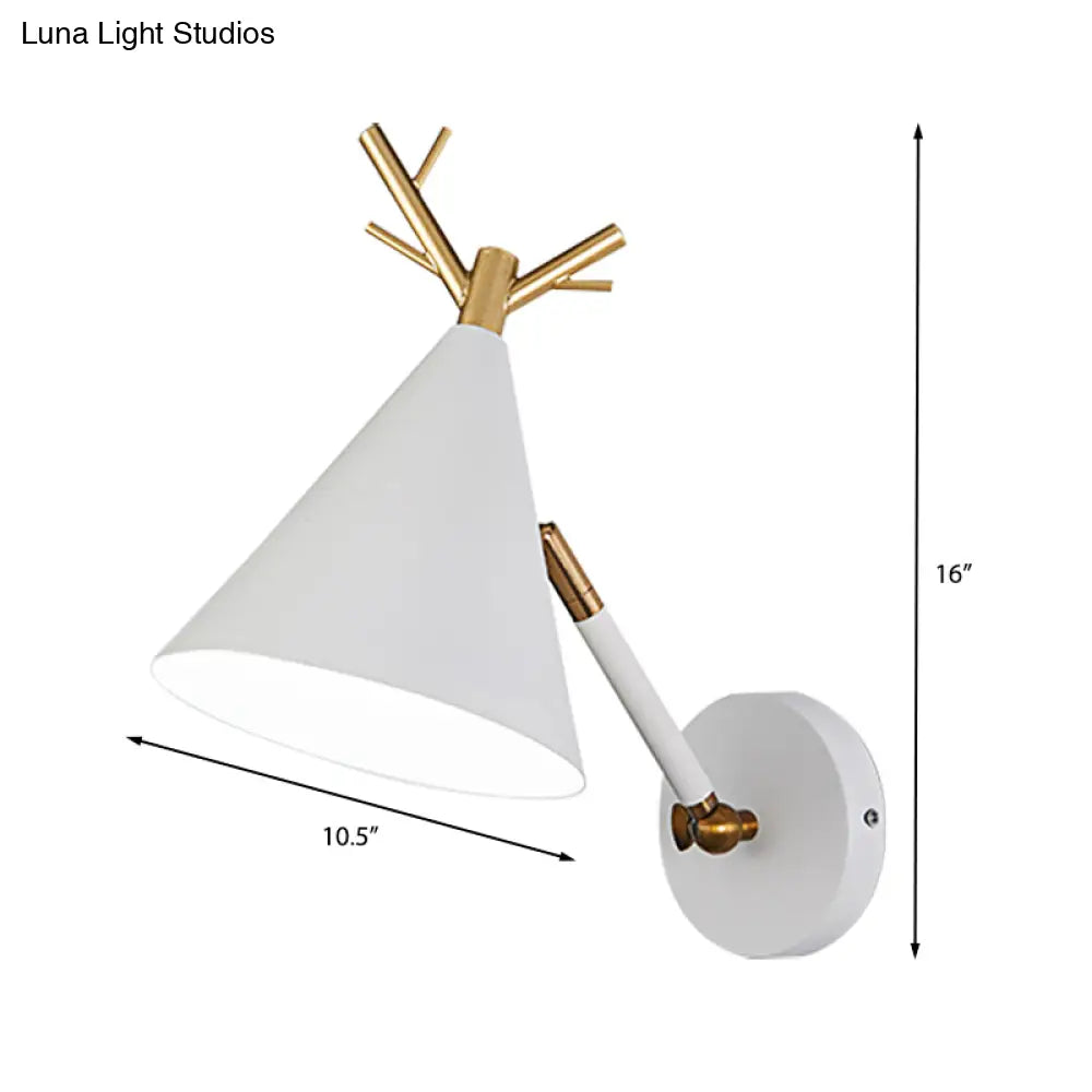 Minimalistic Cone Wall Sconce With Metal Antler Design In Grey/White/Green For Bedside
