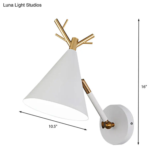 Minimalistic Cone Wall Sconce With Metal Antler Design In Grey/White/Green For Bedside