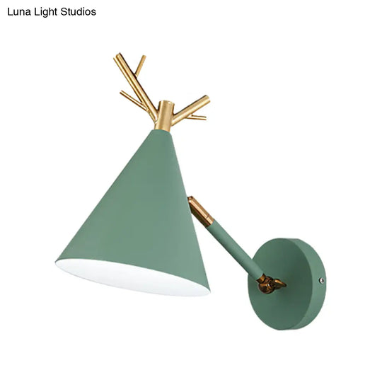 Minimalistic Cone Wall Sconce With Metal Antler Design In Grey/White/Green For Bedside