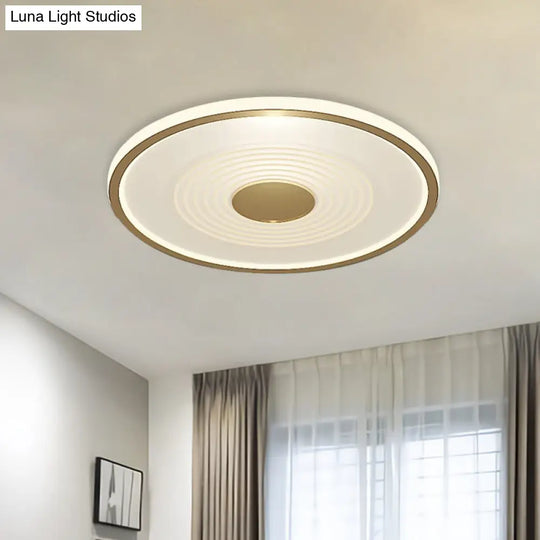 Minimalistic Led Flush Mount Lamp For Bedroom With White - Gold Finish And Acrylic Disc Shade -