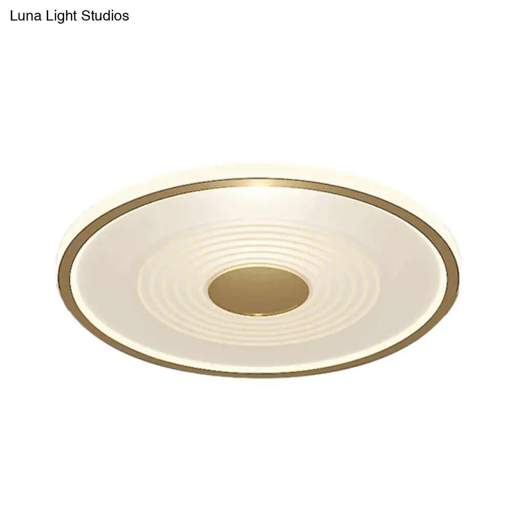 Minimalistic Led Flush Mount Lamp For Bedroom With White - Gold Finish And Acrylic Disc Shade -