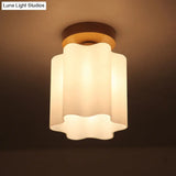 Minimalistic Milky Glass Prism Floral Ceiling Flush Light With Wood Flushmount Design - Ideal For