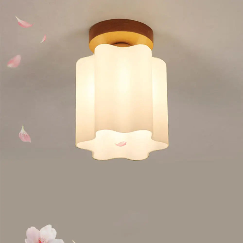 Minimalistic Milky Glass Prism Floral Ceiling Flush Light With Wood Flushmount Design - Ideal For