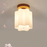Minimalistic Milky Glass Prism Floral Ceiling Flush Light With Wood Flushmount Design - Ideal For