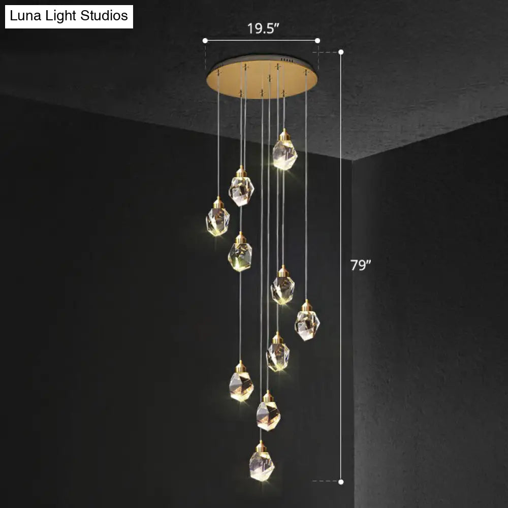 Minimalistic Crystal Gemstone Hanging Multi Pendant Ceiling Light For Staircase - Clear Faceted 10 /