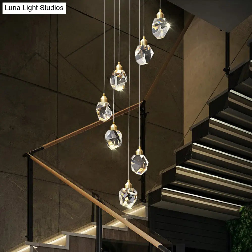 Minimalistic Crystal Gemstone Hanging Multi Pendant Ceiling Light For Staircase - Clear Faceted