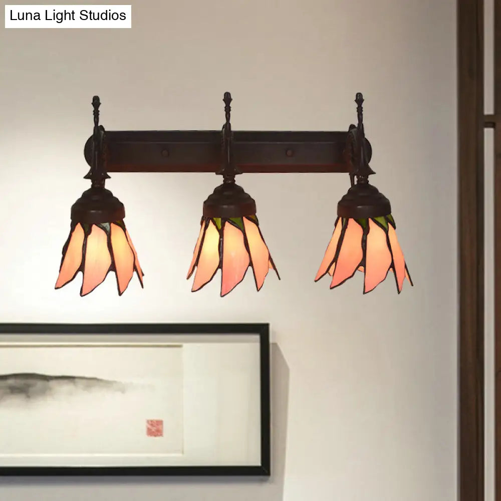 Mission Flower/Morning Glory 3-Light Pink Glass Wall Sconce With Curved Arm For Dining Room
