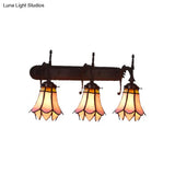 Mission Flower/Morning Glory 3-Light Pink Glass Wall Sconce With Curved Arm For Dining Room