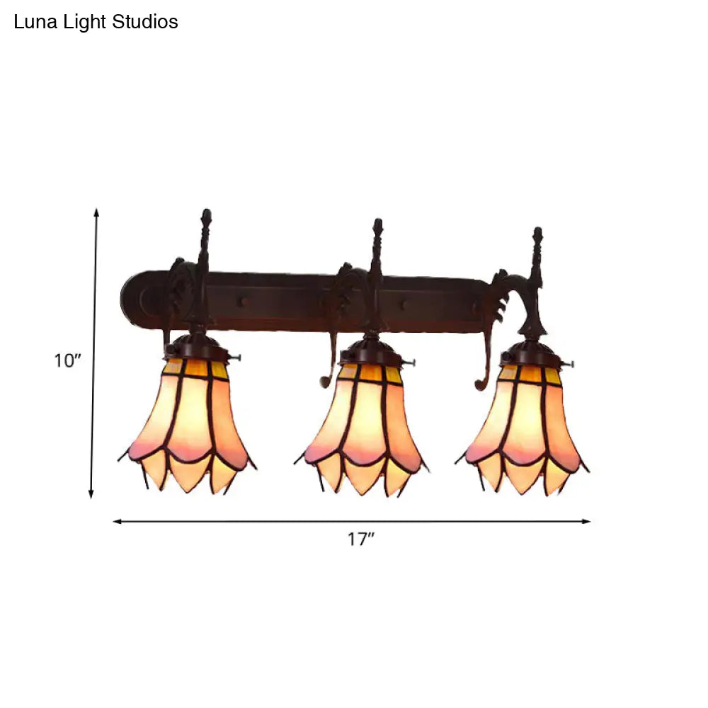 Mission Flower/Morning Glory 3-Light Pink Glass Wall Sconce With Curved Arm For Dining Room