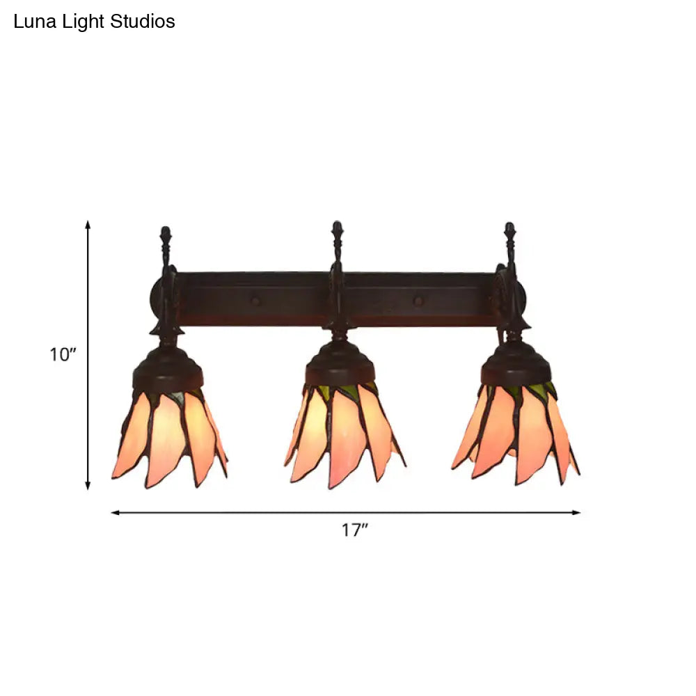 Mission Flower/Morning Glory 3-Light Pink Glass Wall Sconce With Curved Arm For Dining Room
