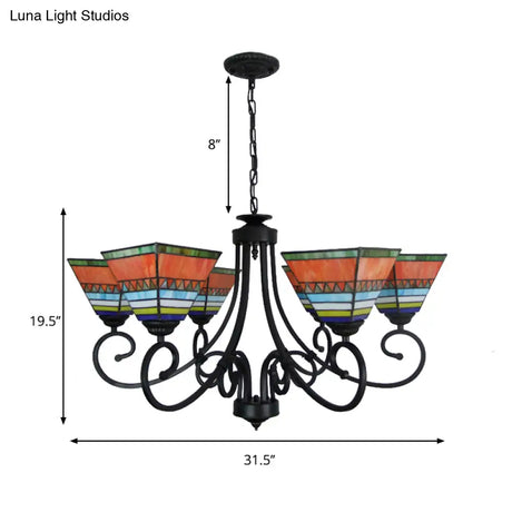 Mission Style Stained Glass Pyramid Chandelier With 6 Pink/Orange Lights - Perfect For Living Room