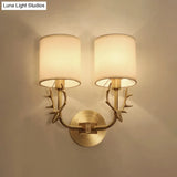 Modern 1/2 Lights Wall Sconce With Fabric Shade - Black/Gold Cylinder Mount Fixture Featuring Metal
