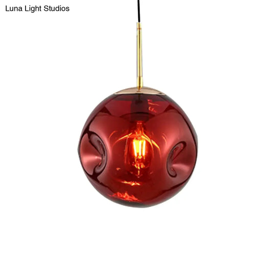 Modern 1 Bulb Pendant Light With Concave Glass Shade - Silver/Red Hanging Fixture For Restaurants