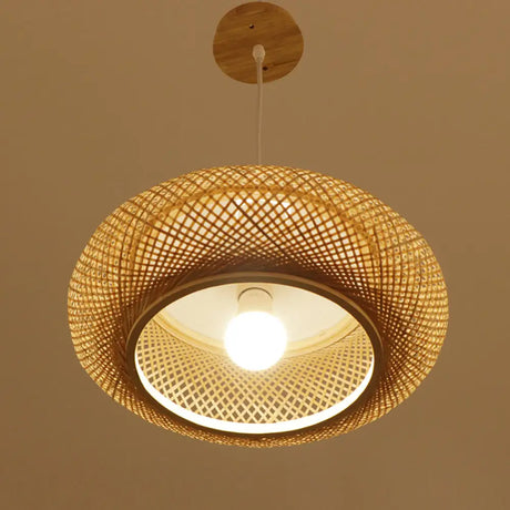Modern 1-Bulb Wood Pendant Light Fixture With Bamboo Shade - Donut/Hat Hanging Design / B