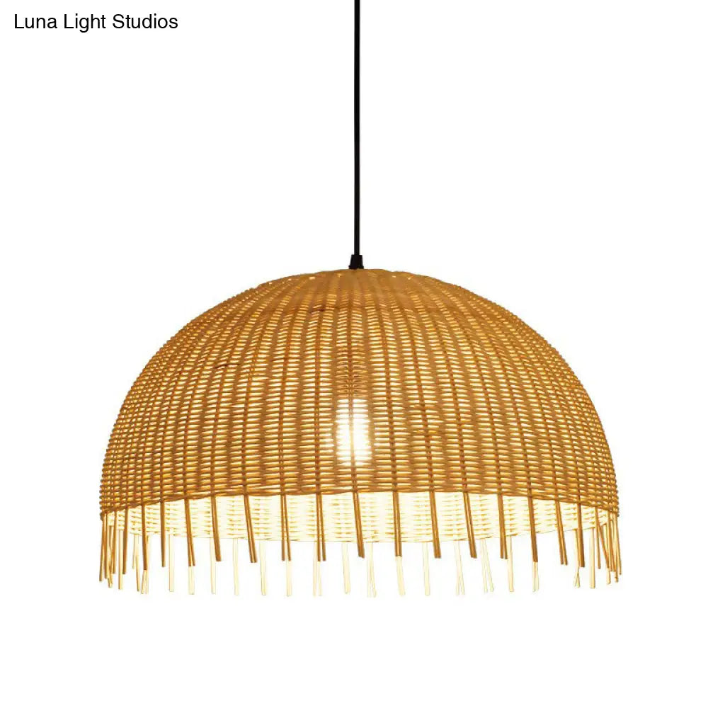 Modern 1-Head Dome Pendant Light With Bamboo Shade Minimalistic Wood Unfinished Look
