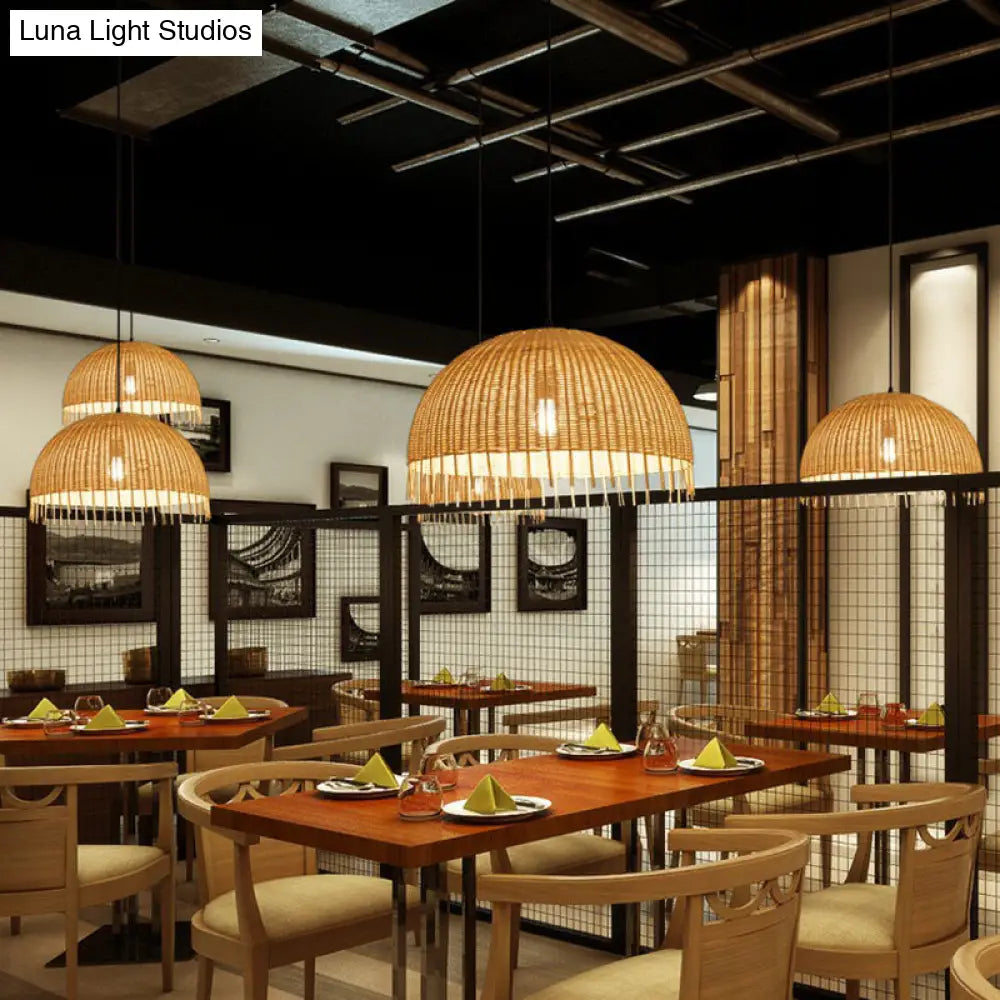 Modern 1-Head Dome Pendant Light With Bamboo Shade Minimalistic Wood Unfinished Look