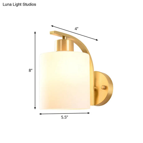 Modern 1-Light Brass Cylinder Sconce With Milk Glass Shade - Wall Lighting Fixture