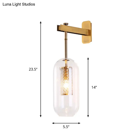 Modern 1-Light Clear Glass Tube Sconce - Brass Bedroom Wall Mount Lamp