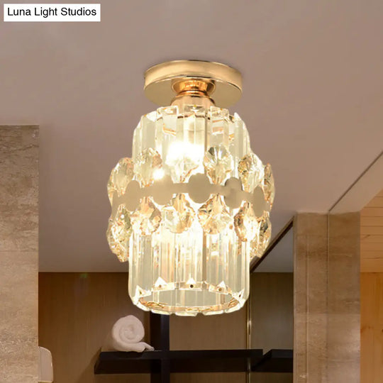 Modern 1-Light Cylinder Crystal Flush Ceiling Light In Gold With Circlet/Leaf Guard / B