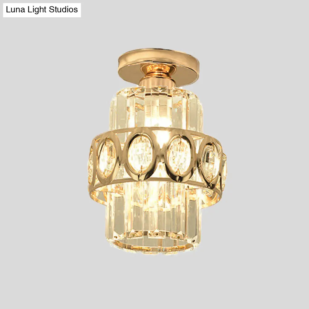 Modern 1-Light Cylinder Crystal Flush Ceiling Light In Gold With Circlet/Leaf Guard
