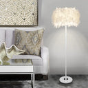 Modern 1-Light Feather Drum Shade Floor Lamp In Multi Colors For Living Room White
