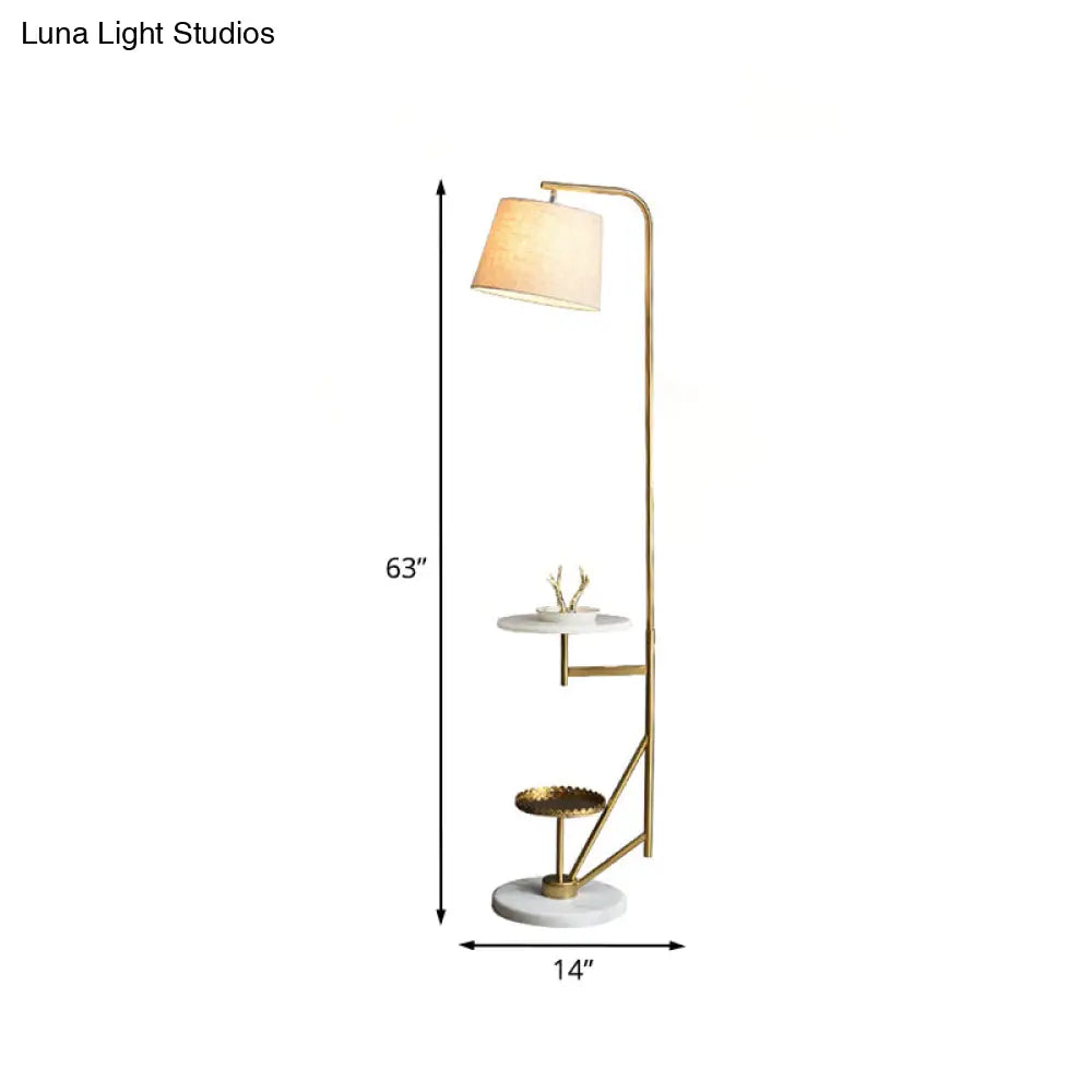 Modern 1-Light Floor Table Lamp: Beige Fabric Shade Gold Curved Arm