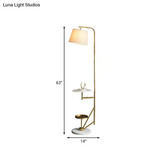 Modern 1-Light Floor Table Lamp: Beige Fabric Shade Gold Curved Arm