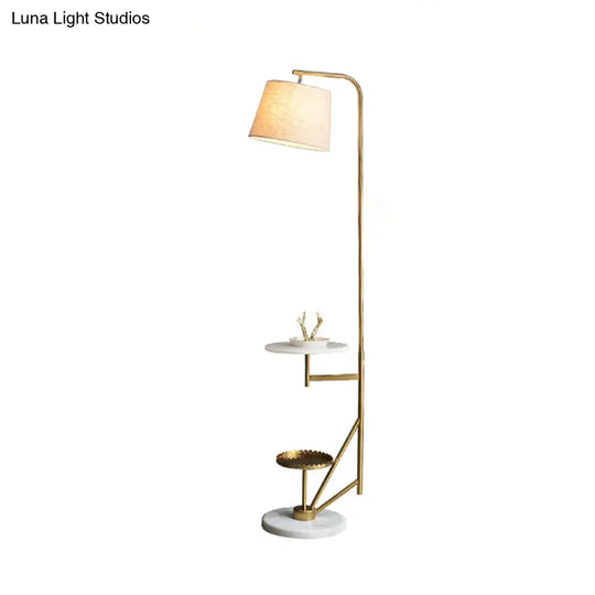 Modern 1-Light Floor Table Lamp: Beige Fabric Shade Gold Curved Arm