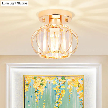Modern 1-Light Semi Flush Mount Ceiling Light With Rectangular-Cut Crystal And Gold Lantern Frame