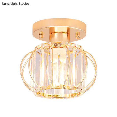 Modern 1-Light Semi Flush Mount Ceiling Light With Rectangular-Cut Crystal And Gold Lantern Frame