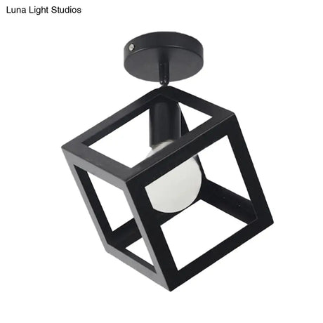 Modern 1-Light Square Ceiling Mounted Light With Wire Guard - Loft Style Semi-Flush Lighting For