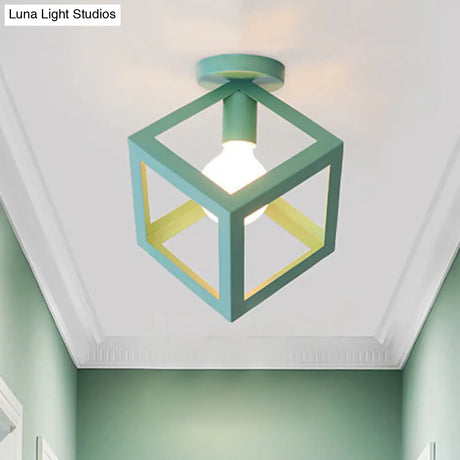 Modern 1-Light Square Ceiling Mounted Light With Wire Guard - Loft Style Semi-Flush Lighting For