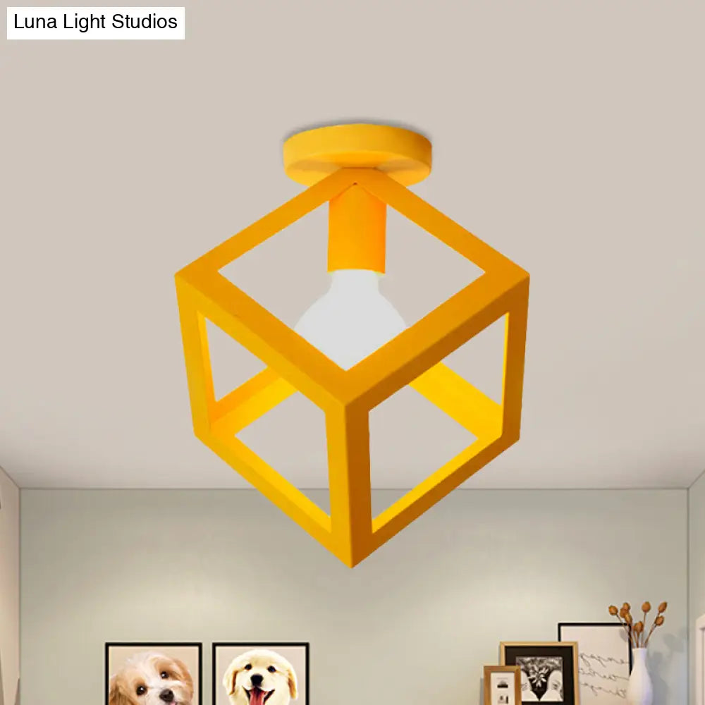 Modern 1-Light Square Ceiling Mounted Light With Wire Guard - Loft Style Semi-Flush Lighting For