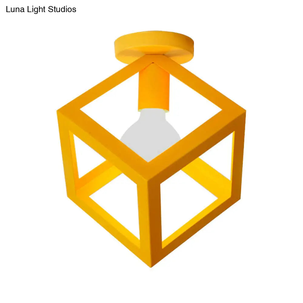 Modern 1-Light Square Ceiling Mounted Light With Wire Guard - Loft Style Semi-Flush Lighting For