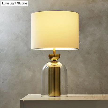 Modern 1-Light White Drum Nightstand Lamp With Fabric Shade - Perfect For Reading