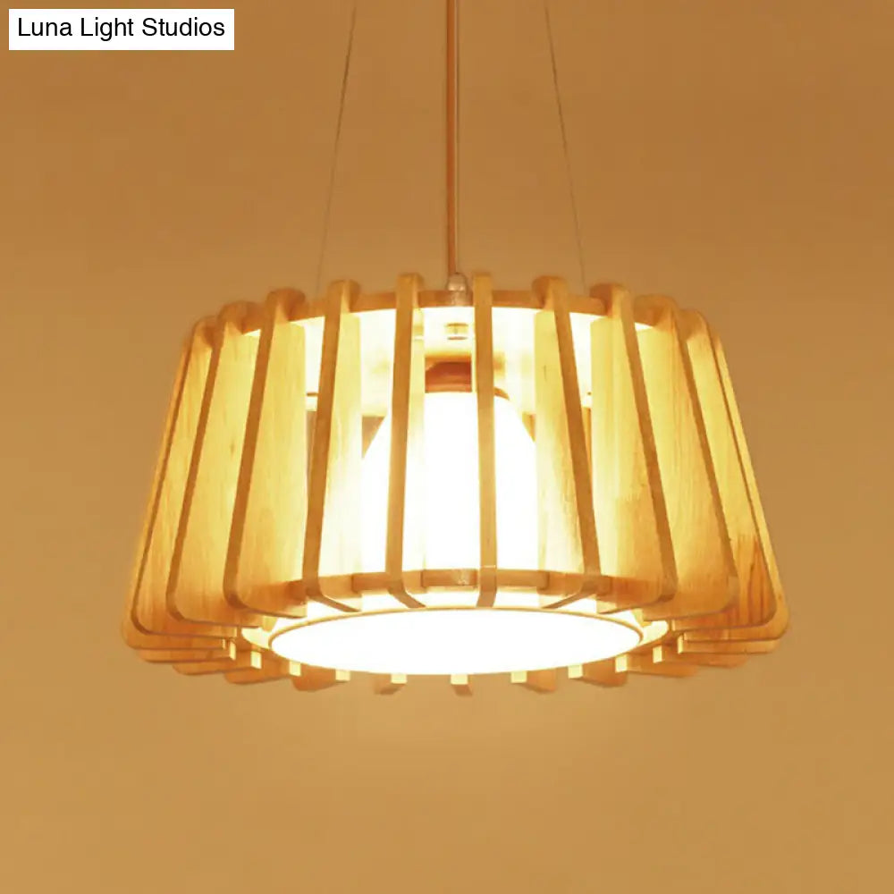 Contemporary Wooden Drum Suspension Lamp With Conical Fabric Shade - 1-Light Pendant Fixture